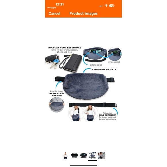 Sprigs Adjustable Black Faux Fur Hand Muff Belt Bag with Extender Soft & Warm - Picture 4 of 10